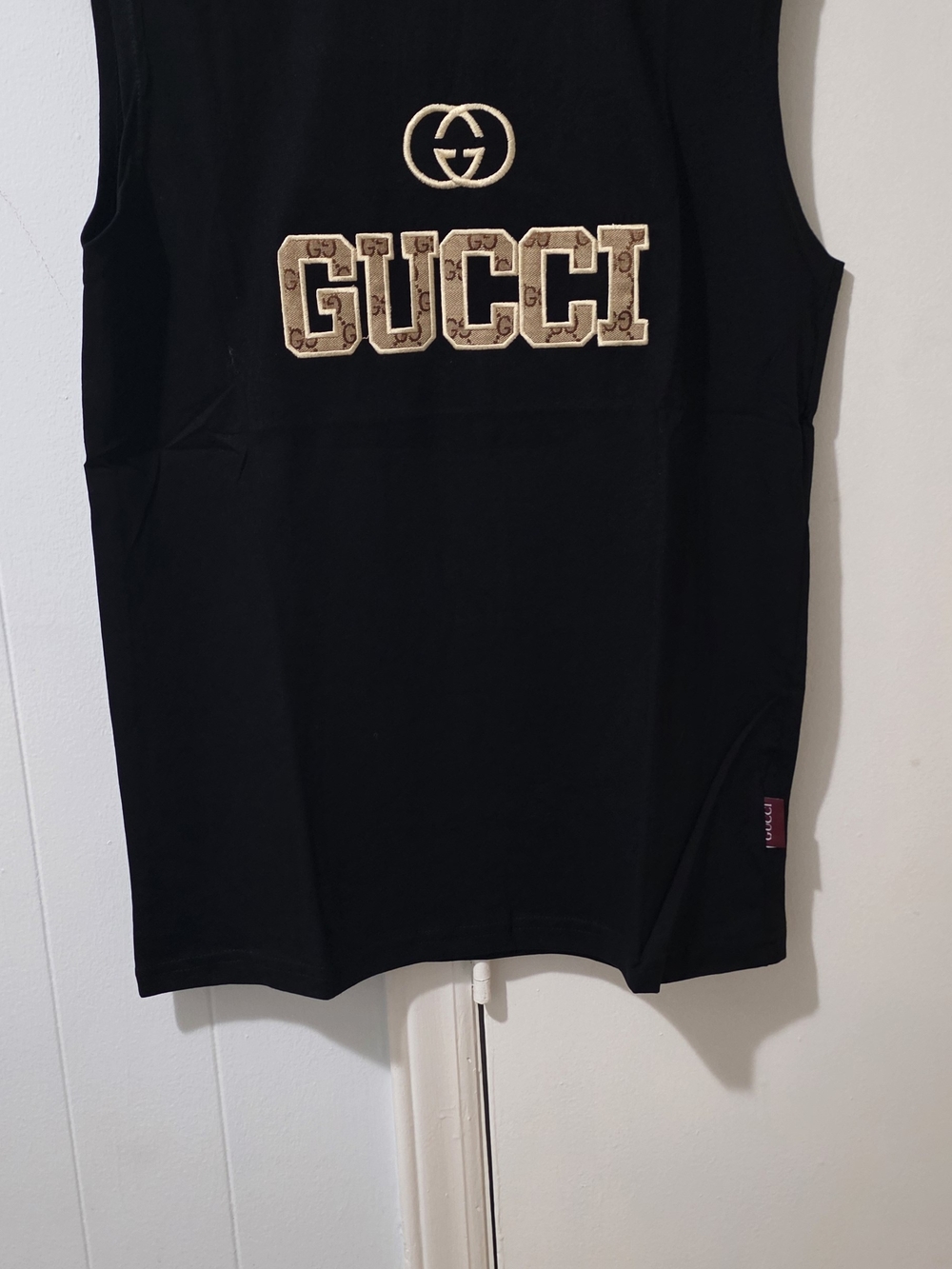 Gucci Black Tank with Beige Embroidered Logo